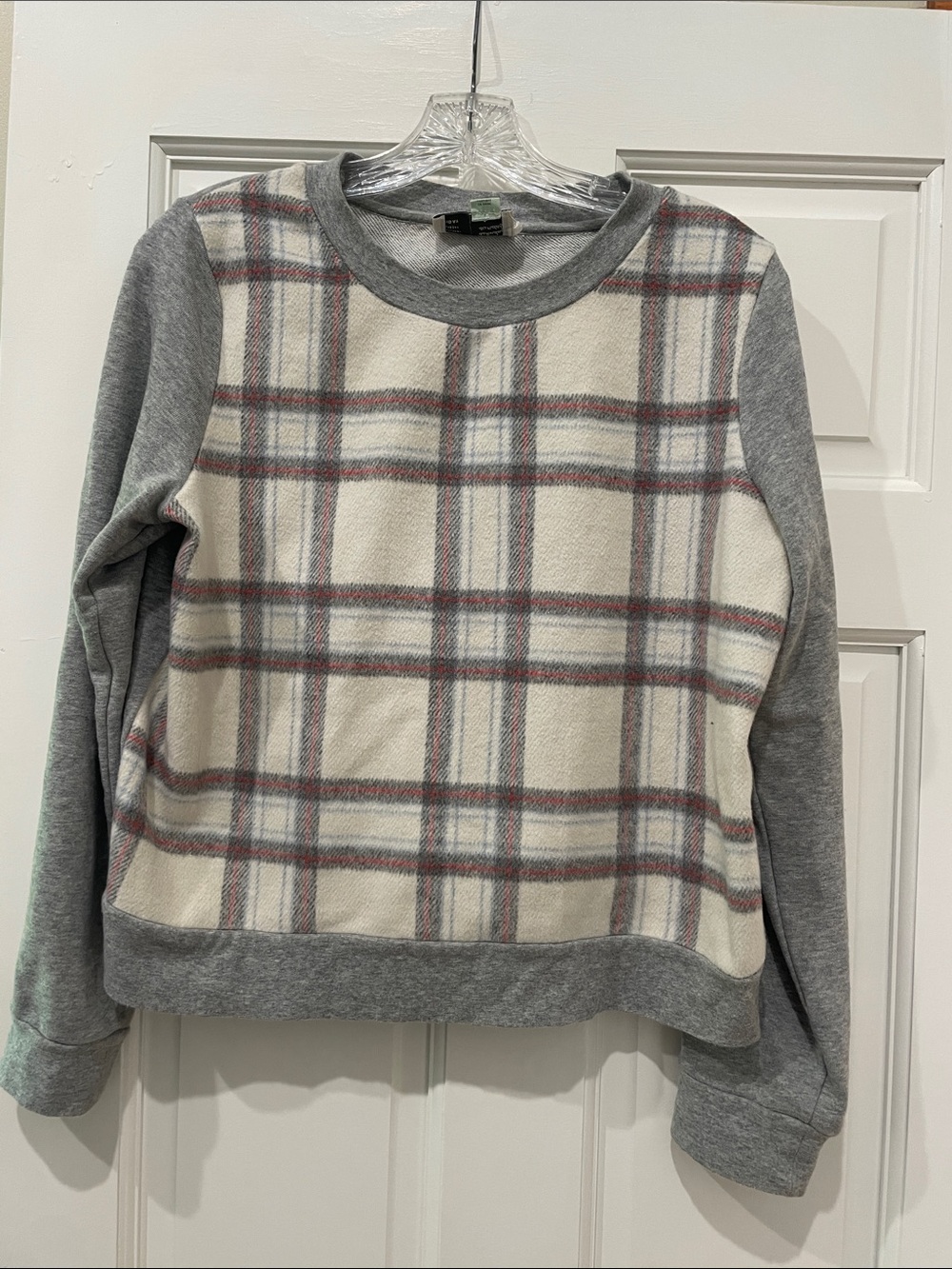 Anthropologie Gray Plaid Front Crewneck Sweatshirt